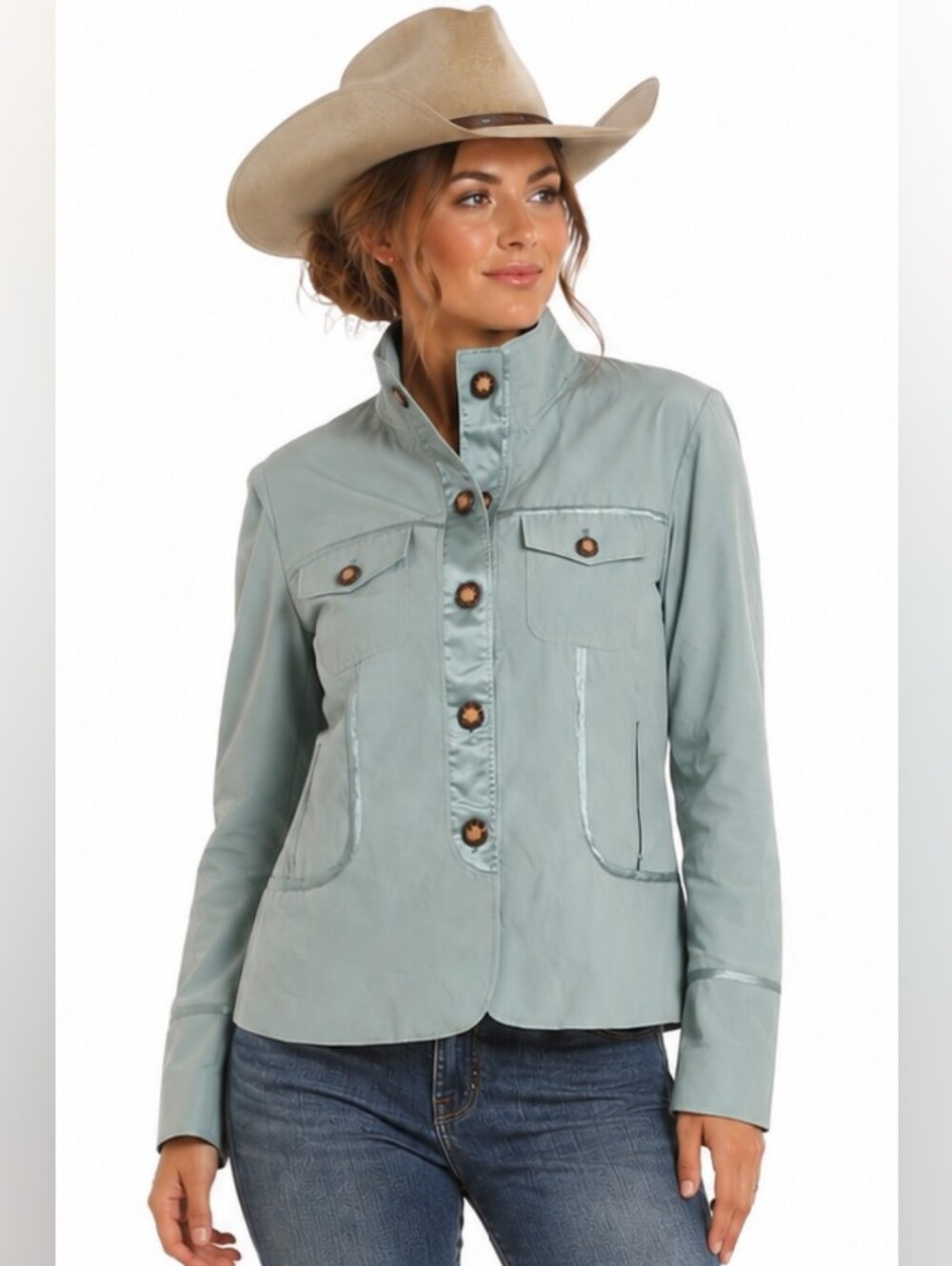 Montanaco Utility Jacket Blue Button Front Satin Trim Ornate Buttons  Size Large